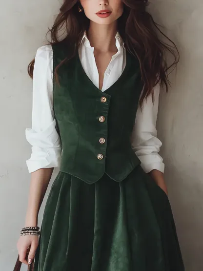 Cotton Vest (Shirt and Skirt Not Included), Sleeveless, V Neck, Plain, Button Design, Vintage, Green - Green