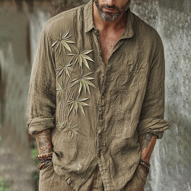 Men's Vintage Japanese Bamboo Embroidery Art Long Sleeve Linen Blend Shirt - Grey