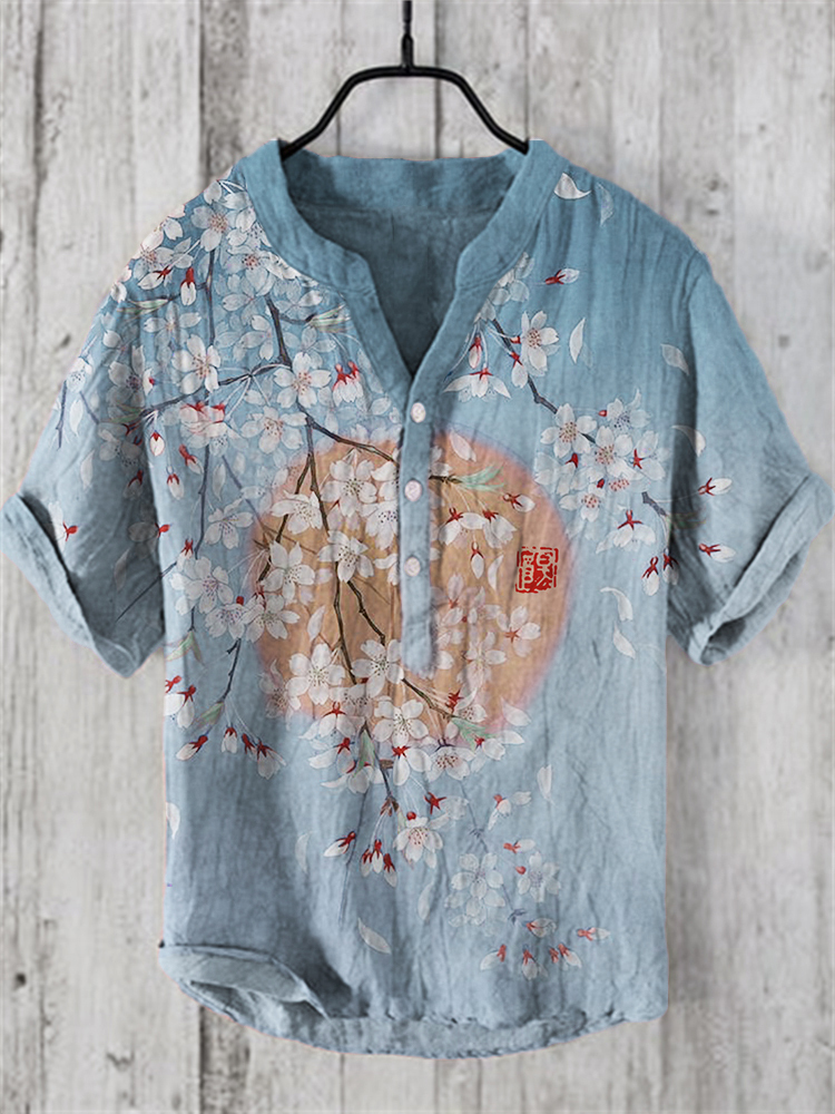 Cherry Blossom Full Moon Japanese Art Linen Blend Shirt - Pink