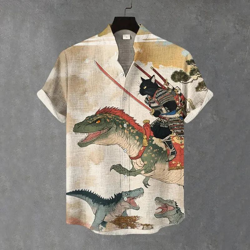 Men's Warrior Cats Fight Dinosaurs Art Print Casual Shirt - Khaki