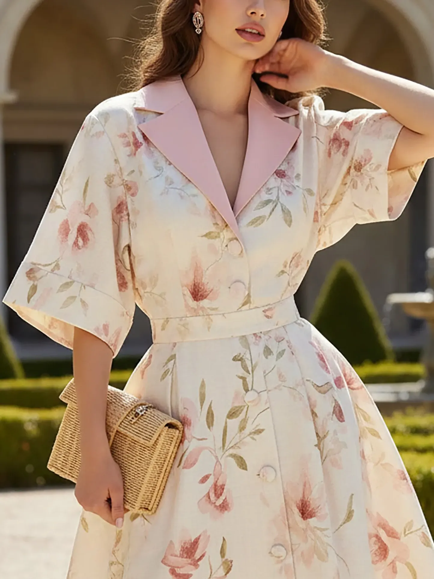 Midi Linen Dress, Half Sleeve, Shawl Collar, Floral, Button Design, Vacation, Vintage, White - White