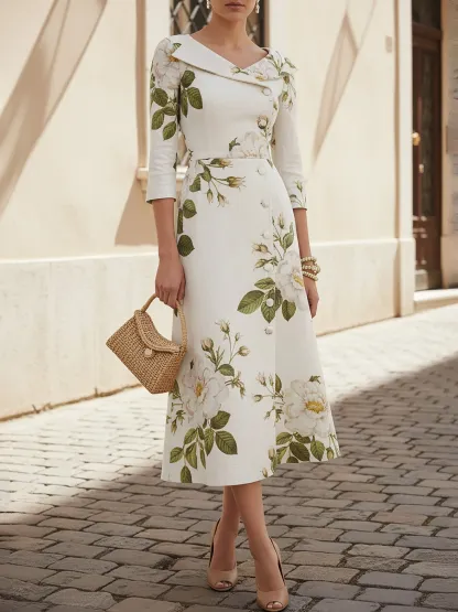 Midi Linen Dress, Half Sleeve, Shawl Collar, Floral, Button Design, Vintage, White - White