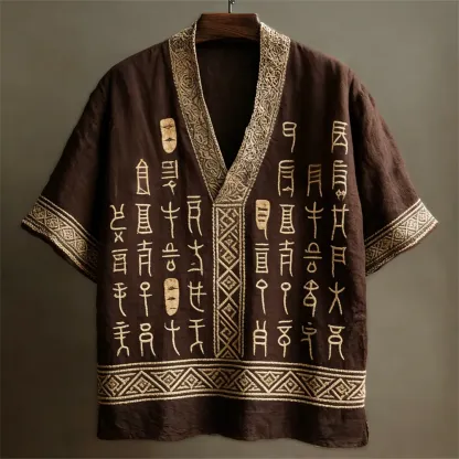 Vintage Geometric Text Art Linen V-neck Shirt - Chocolate