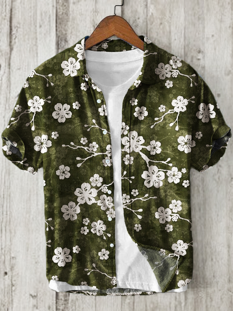 Cherry Blossom Japanese Pattern Linen Blend Shirt - Black