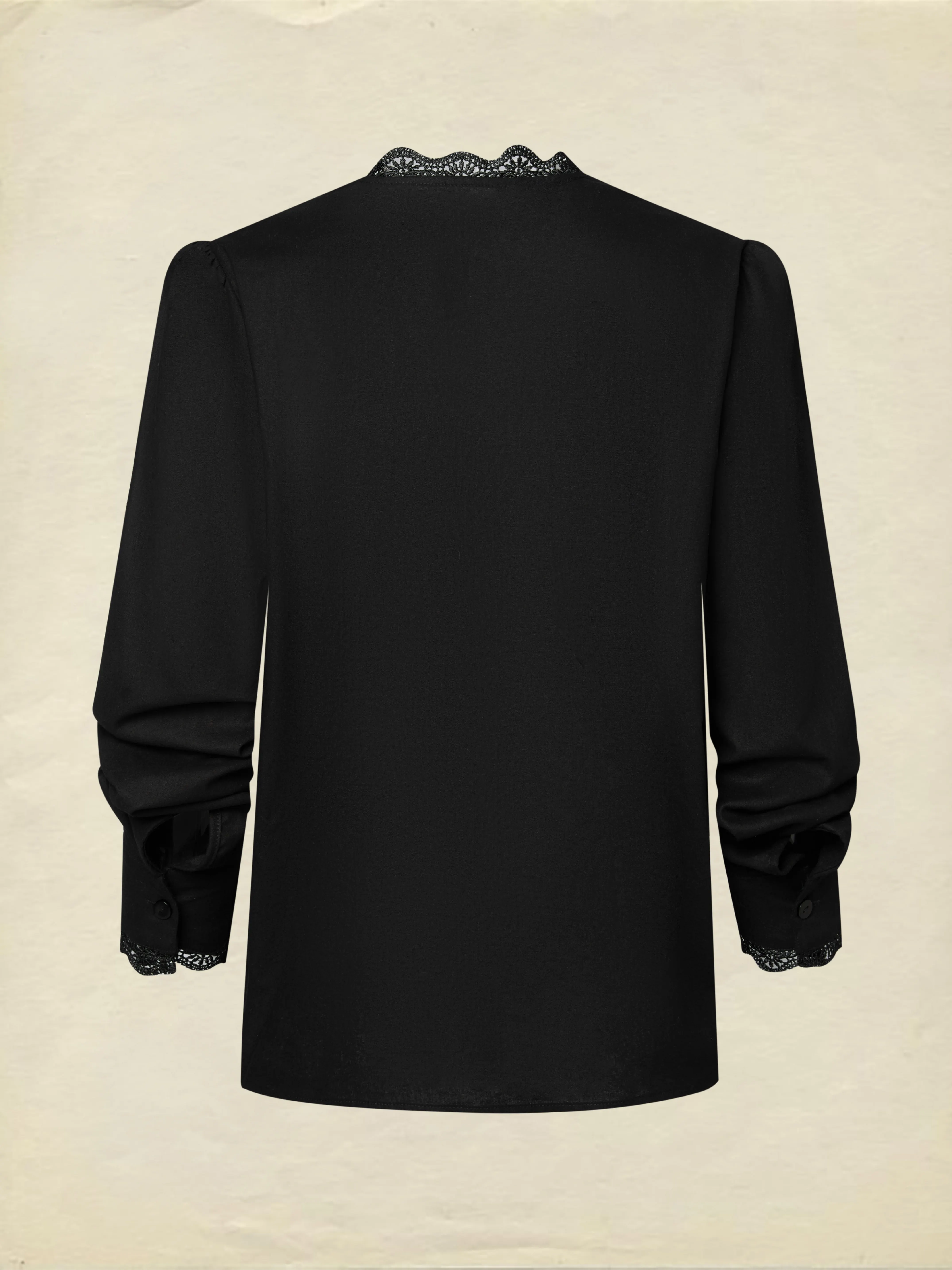 Linen Shirt, Half Sleeve, V Neck, Plain, Lace, French Vintage, Black - Black