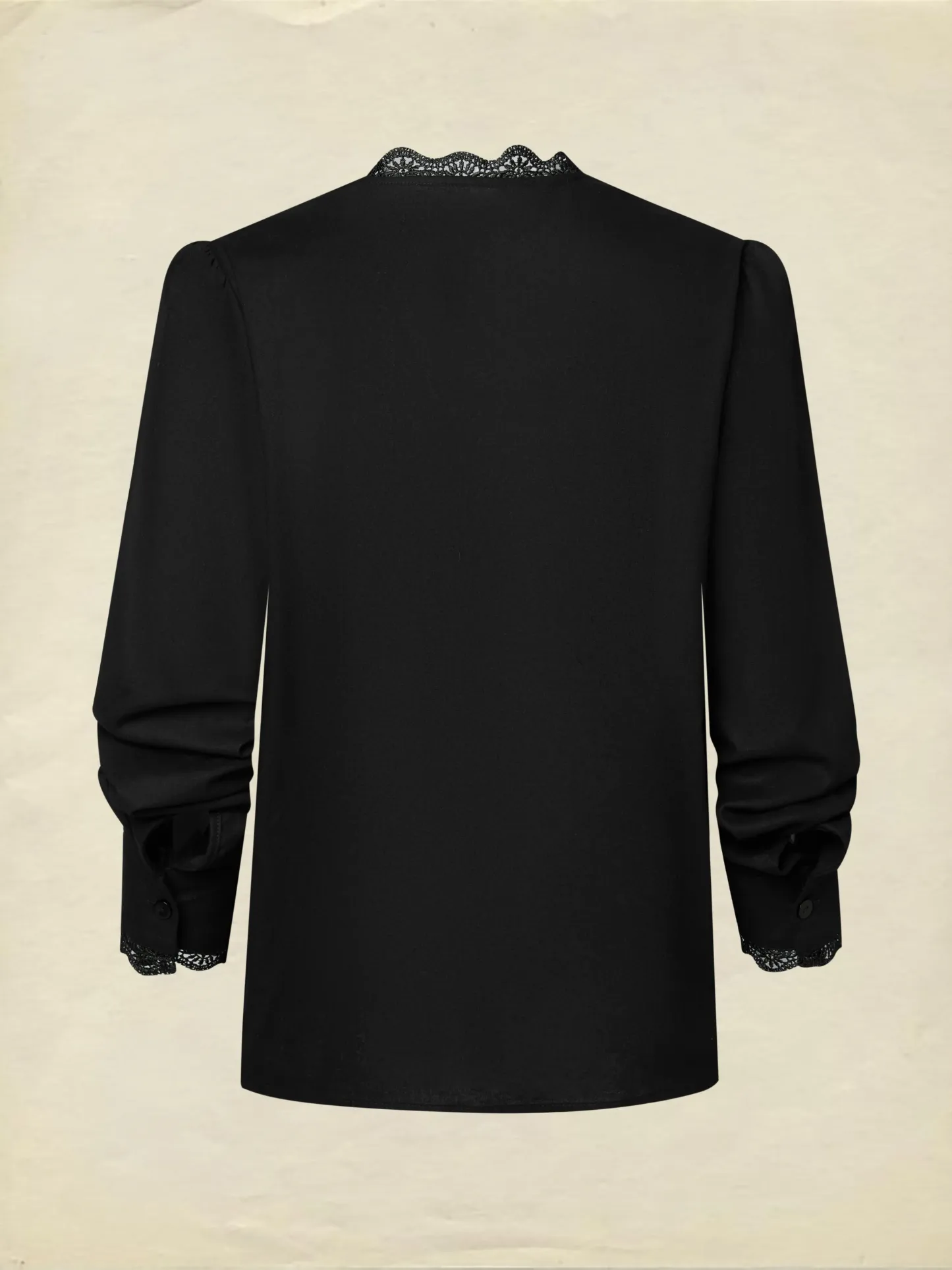 Linen Shirt, Half Sleeve, V Neck, Plain, Lace, French Vintage, Black - Black