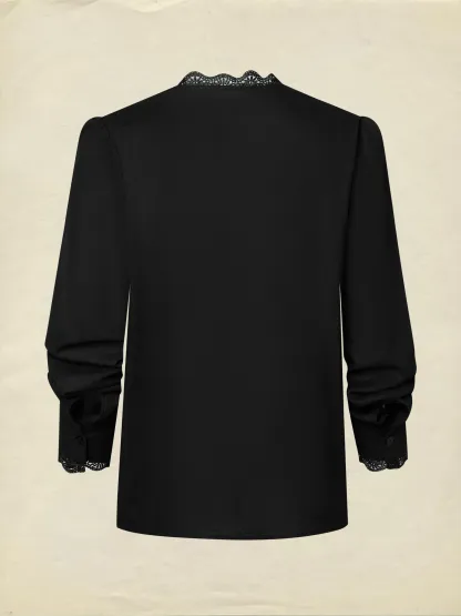 Linen Shirt, Half Sleeve, V Neck, Plain, Lace, French Vintage, Black - Black