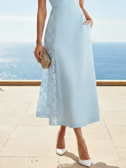 Maxi Linen Dress, Sleeveless, One Shoulder, Plain, 3D Floral, French Vintage, Blue - Blue