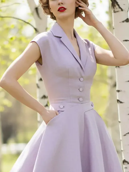 Midi Linen Dress, Sleeveless, Lapel Collar, Plain, Button Design, French Vintage, Light Purple - Light Purple