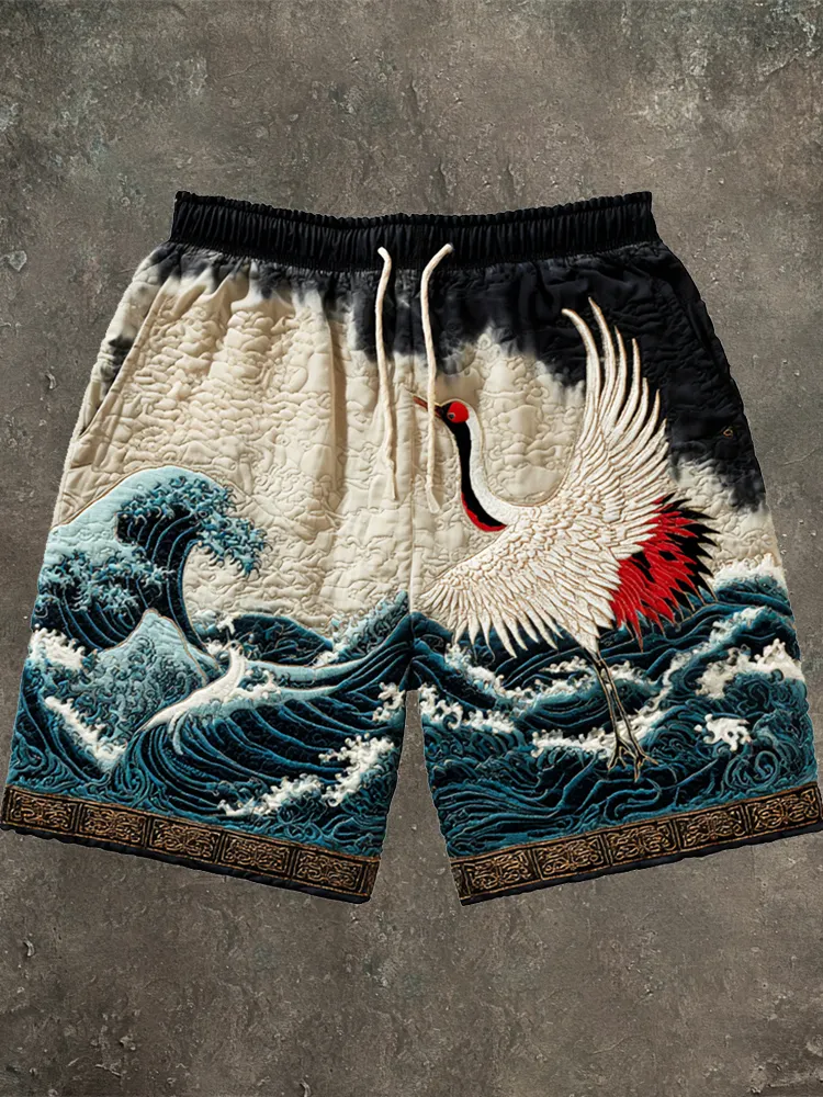 Japanese Ocean & Crane Gradient Men's Mini Short - Beige