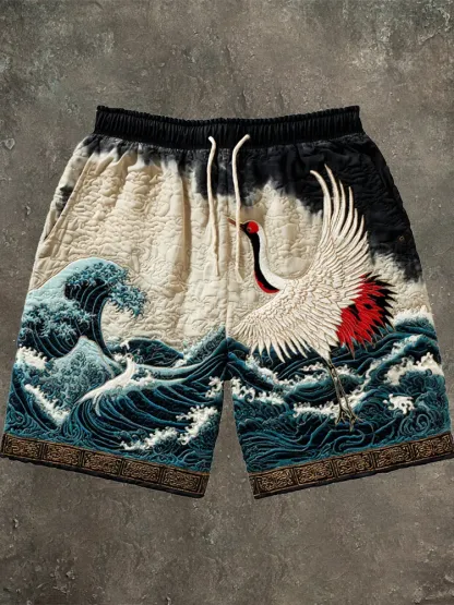 Japanese Ocean & Crane Gradient Men's Mini Short - Beige