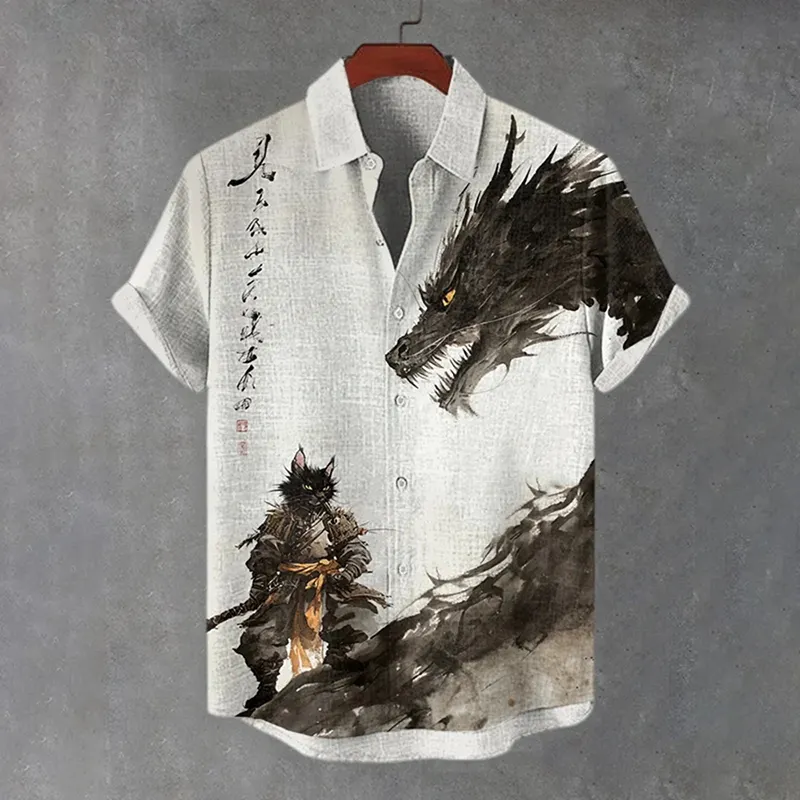 Men's Cat Warrior And Dragon Duel Ink Painting Art Print Short Sleeve Shirt - Light gray