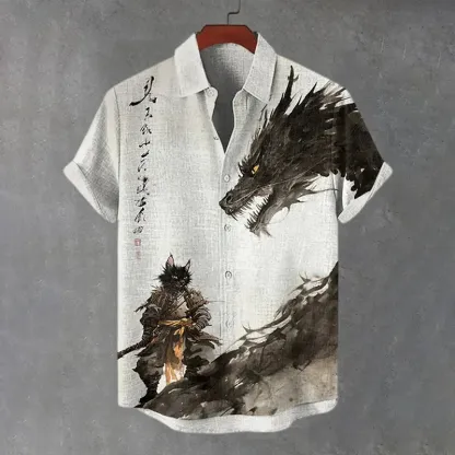 Men's Cat Warrior And Dragon Duel Ink Painting Art Print Short Sleeve Shirt - Light gray