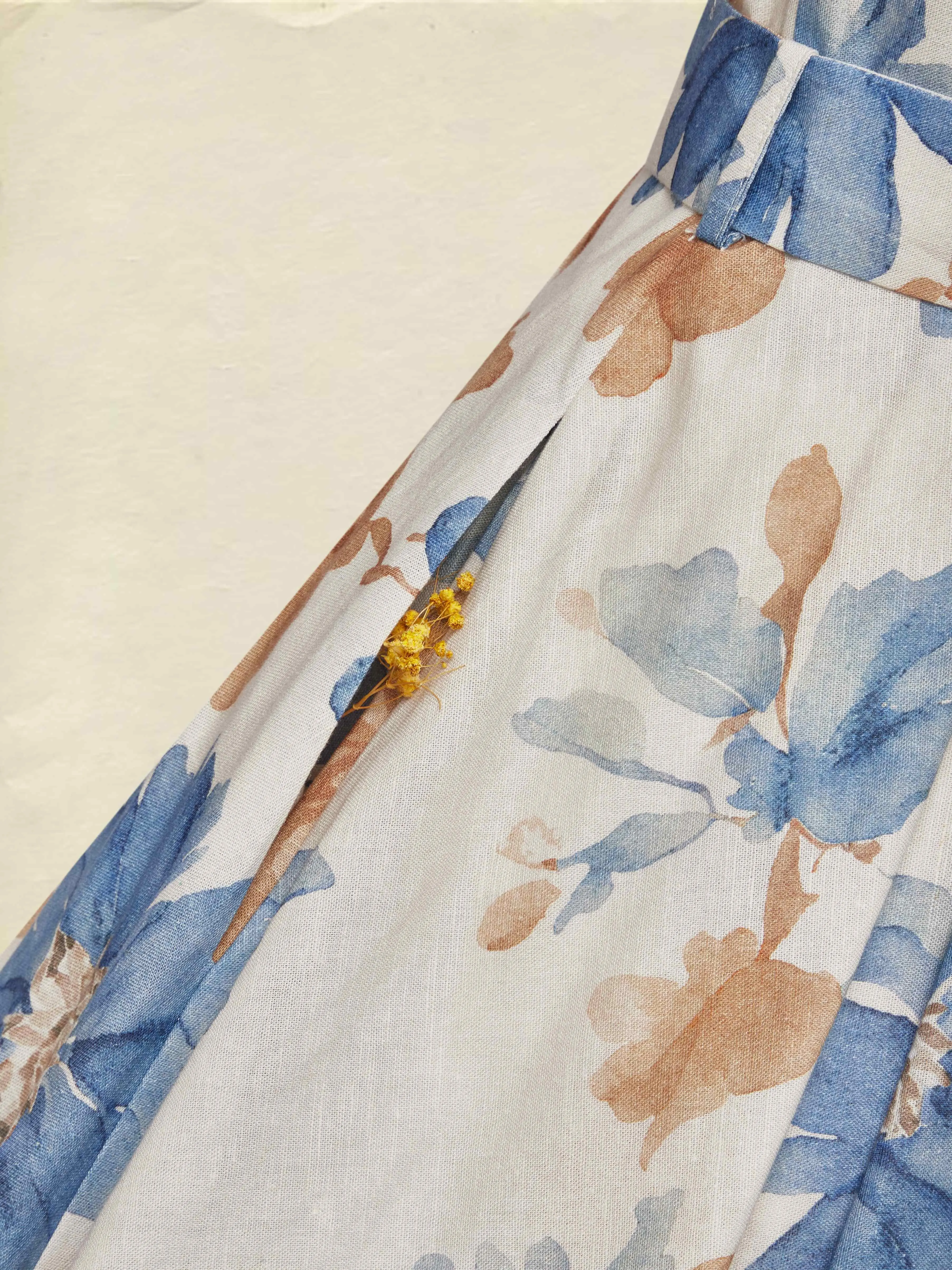 Midi Cotton Dress, Half Sleeve, Round Neck, Floral, Belt Design, Vintage, Khaki - Khaki