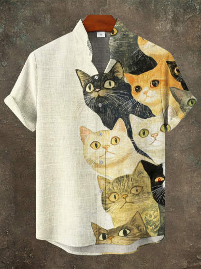 Vintage Japanese Cat Print Men's Linen Short Sleeve Shirt - Beige