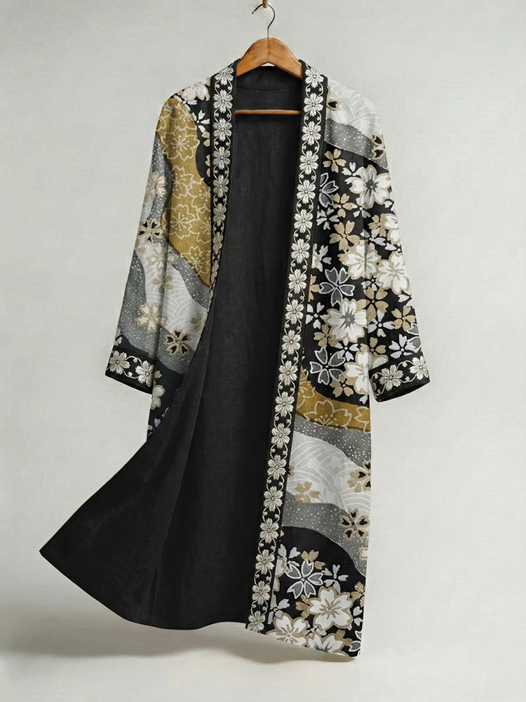 Men's Retro Floral Art Print Linen Long Kimono - Black