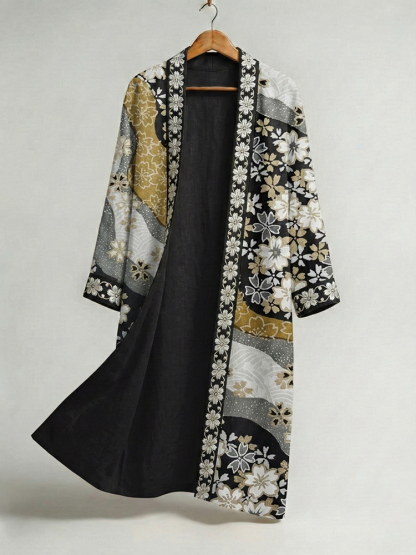 Men's Retro Floral Art Print Linen Long Kimono - Black