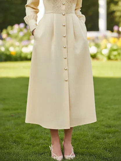 Midi Cotton Dress, Long Sleeves, Stand Collar, Plain, Lace, French Vintage, Beige - Beige