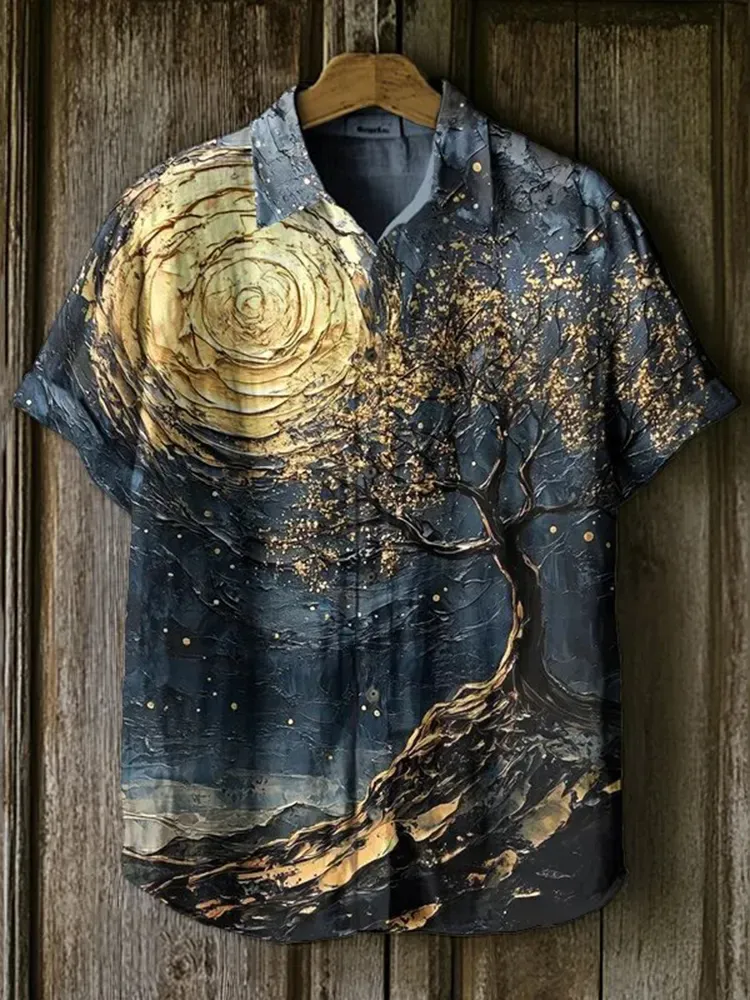 Men's Moonlight Tree Natural Scenery Art Print Casual Shirt - Navy blue