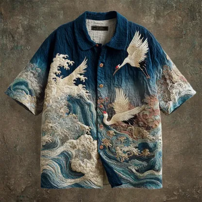 Vintage Japanese Crane Art Men's Linen Short Sleeve Shirt - Blue