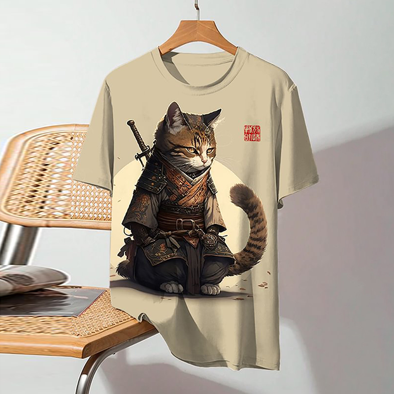 Men's Japanese Style Samurai Cat Art Print Short Sleeve T-Shirt - Khaki