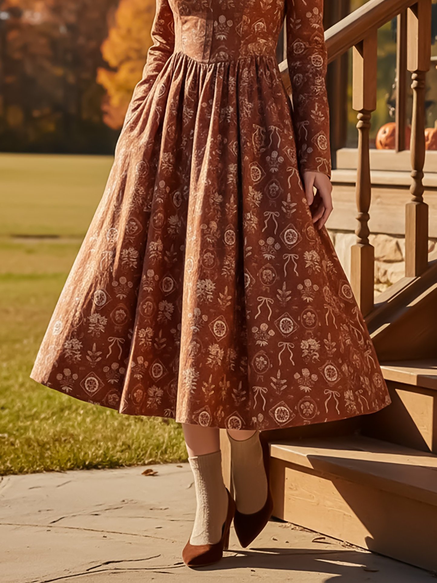 Midi Linen Dress, Long Sleeves, Sweetheart Neck, Floral, Vintage, Caramel - Caramel