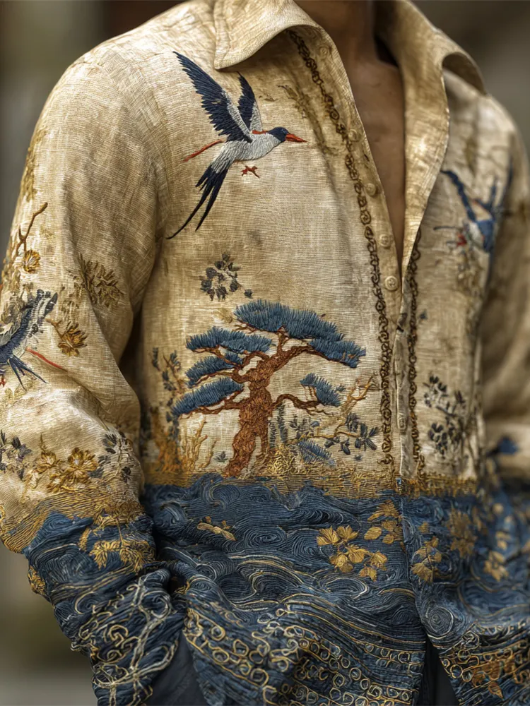 Japanese Bird And Flower Embroidery Art Men's Linen Long Sleeve Shirt - Khaki