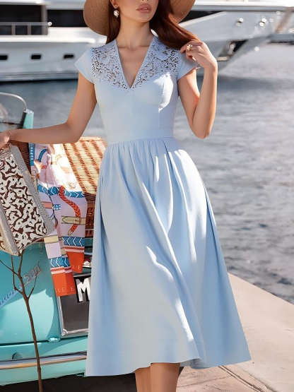 Midi Linen Dress, Short Sleeves, V Neck, Plain, Lace, French Vintage, Blue - Blue
