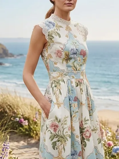 Maxi Linen Dress, Cap Sleeves, Lace Collar, Floral, Lace, Vacation, Vintage, White - White