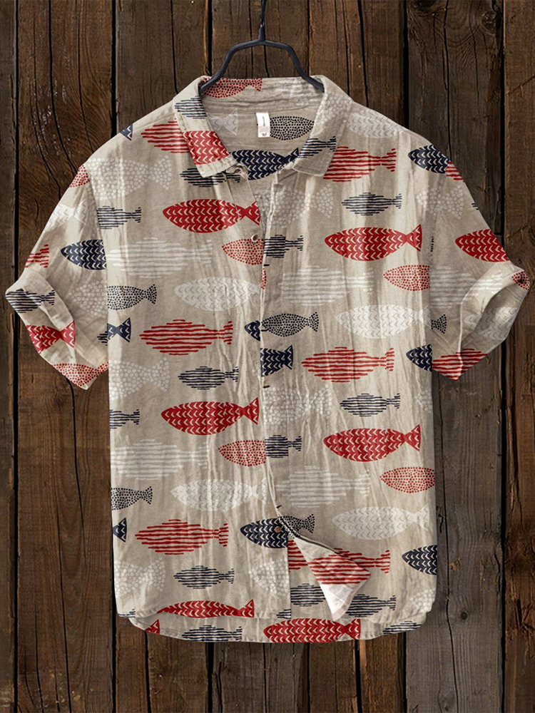 Vintage Fish Japanese Art Linen Blend Comfy Shirt - Blue