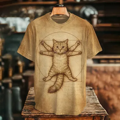 Men's Golden Ratio Cat Art Print T-shirt - Khaki