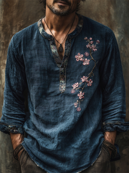 Japanese Plum Flower Embroidery Men's Linen Long Sleeve Shirt - Navy blue
