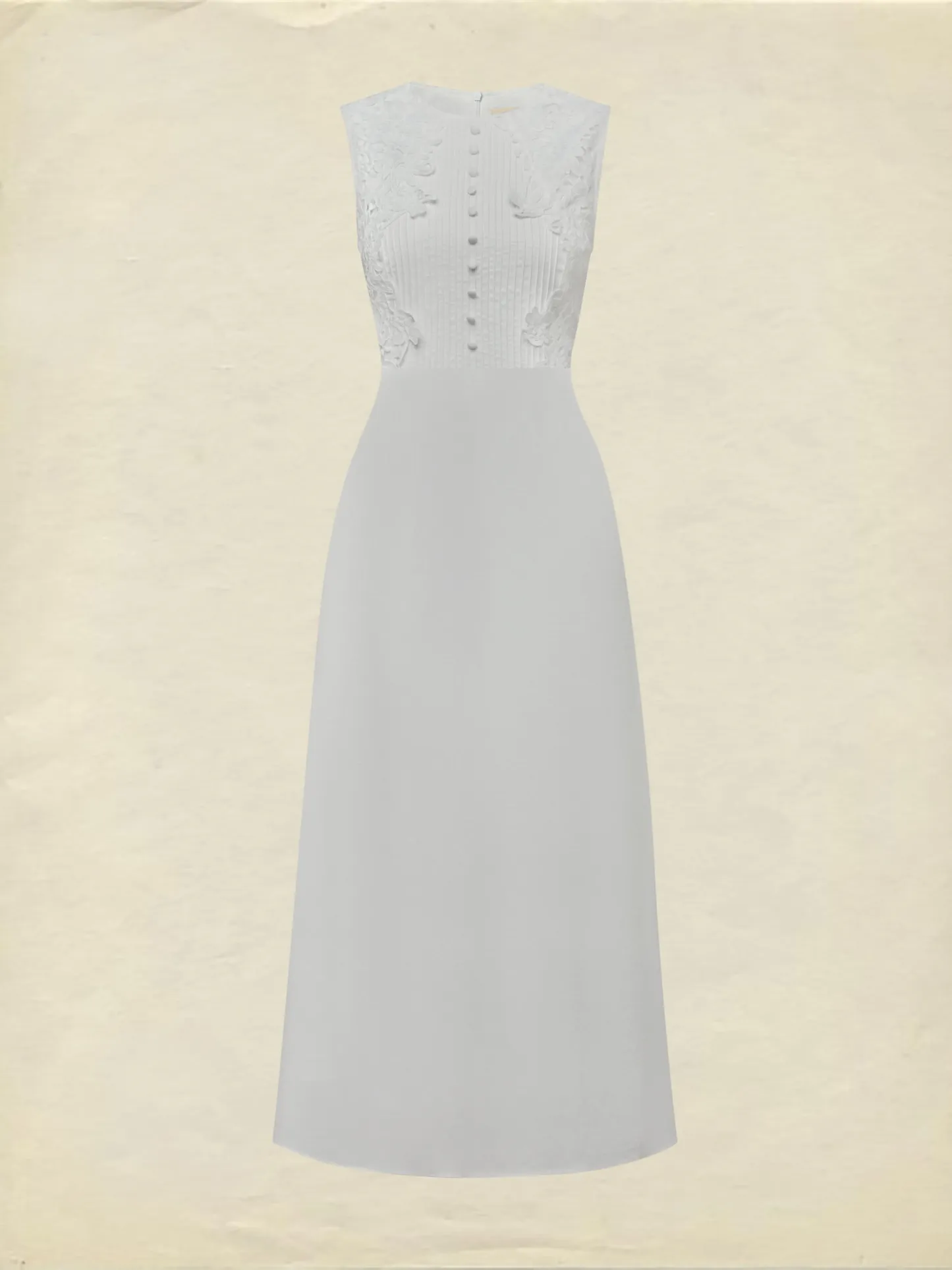 Midi Cotton Dress, Sleeveless, Round Neck, Plain, Lace, Vintage, White - White