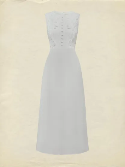 Midi Cotton Dress, Sleeveless, Round Neck, Plain, Lace, Vintage, White - White