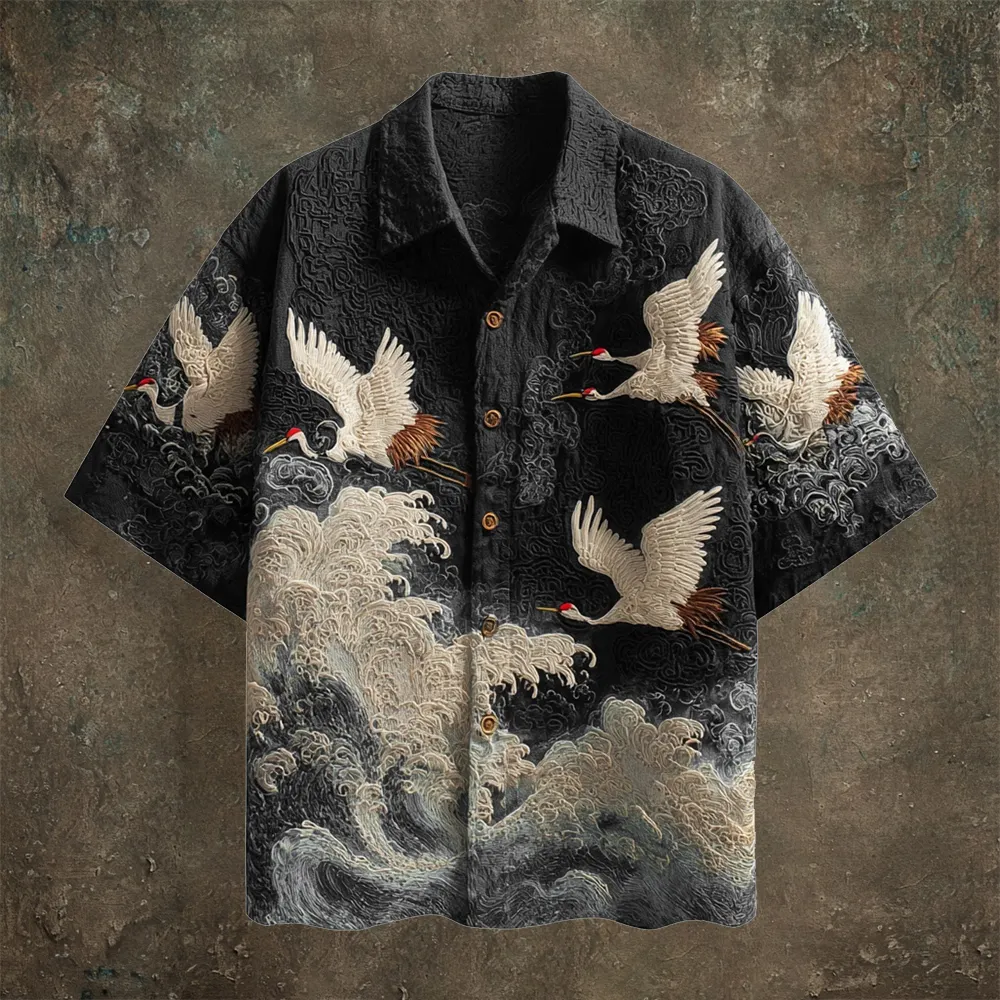 Japanese Wave & Crane Men's Casual Linen Short Sleeve Shirt - Black