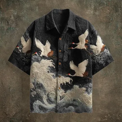 Japanese Wave & Crane Men's Casual Linen Short Sleeve Shirt - Black