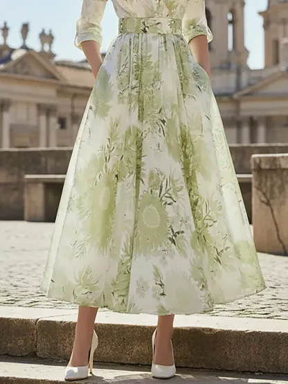Maxi Linen Dress, Half Sleeve, Stand Collar, Floral, Vacation, Vintage, Lightgreen - Lightgreen