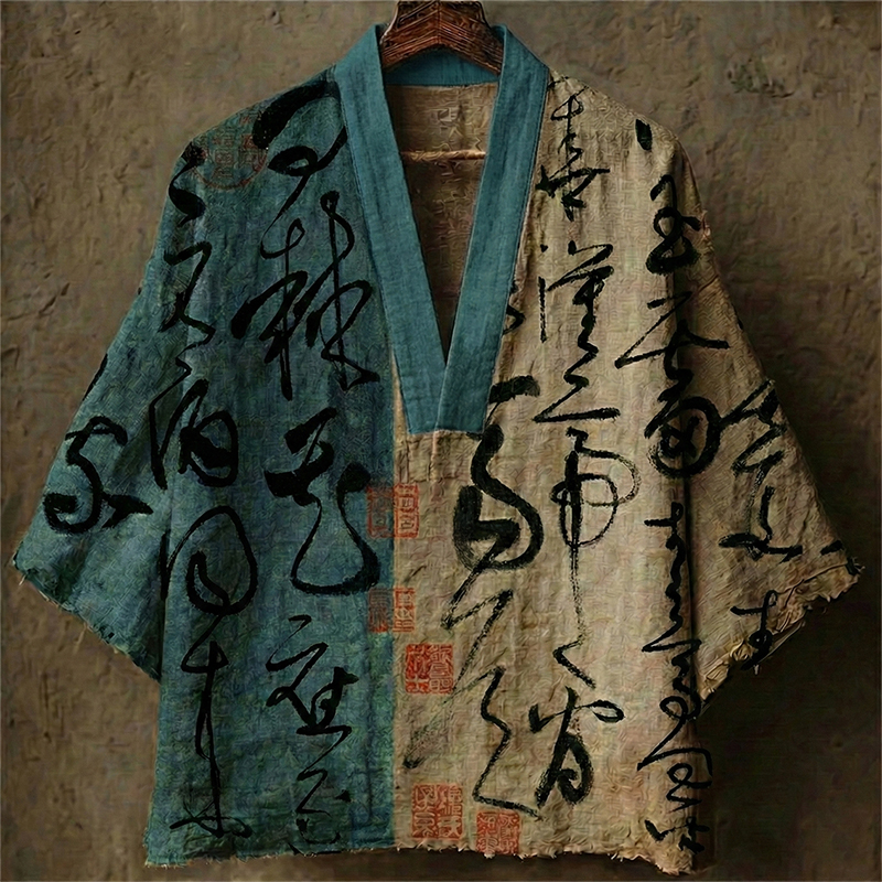 Men's Retro Calligraphy Art Print Linen V-neck Shirt - Blue