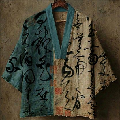Men's Retro Calligraphy Art Print Linen V-neck Shirt - Blue