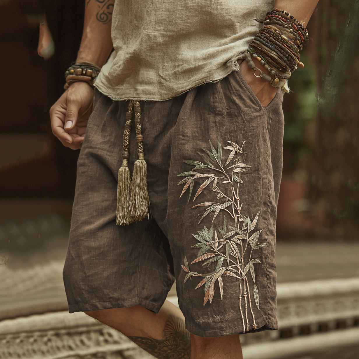 Japanese Bamboo Embroidery Art Linen Blend Casual Shorts - Grey