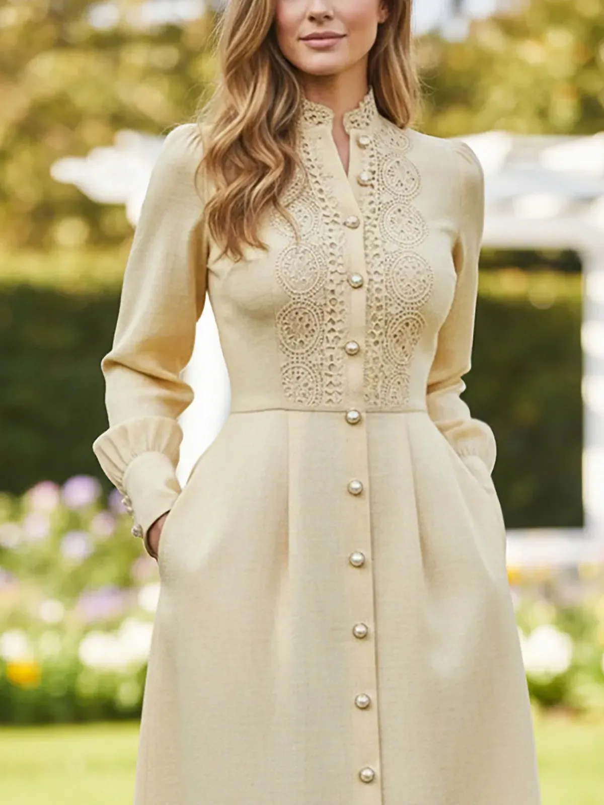 Midi Cotton Dress, Long Sleeves, Stand Collar, Plain, Lace, French Vintage, Beige - Beige