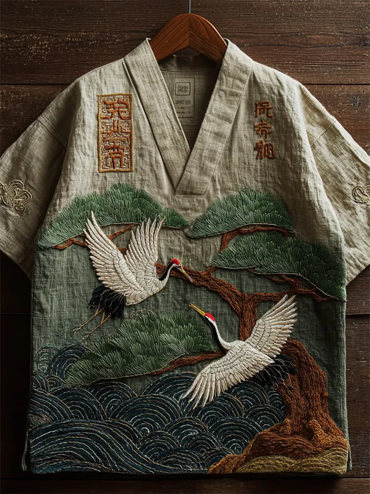 Japanese Cranes & Pine Tree Over Sea Waves Embroidered Linen Shirt - Beige