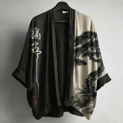 Ink Painting Art Pattern Linen Kimono Cardigan - Black