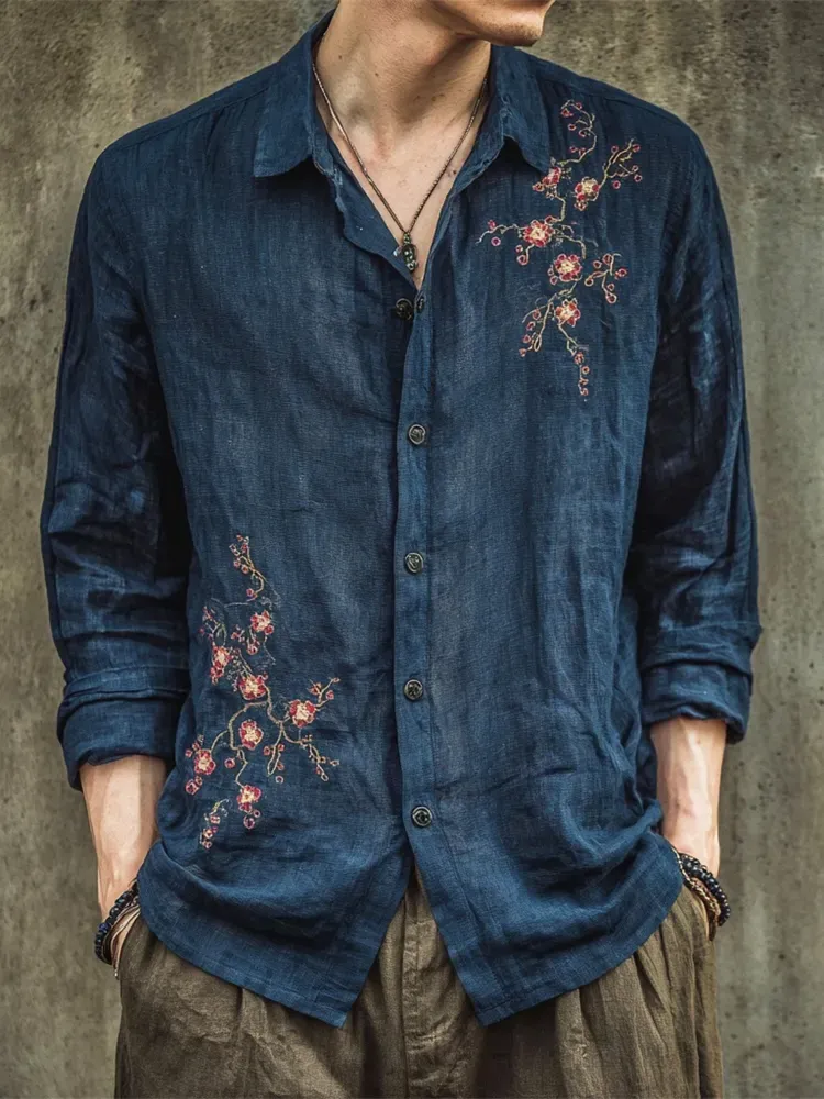 Vintage Japanese Plum Flower Embroidery Men's Linen Long Sleeve Shirt - Navy blue