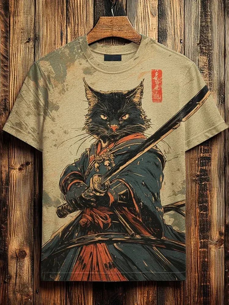 Men's Black Cat Samurai Japanese Art Print Casual T-shirt - Khaki