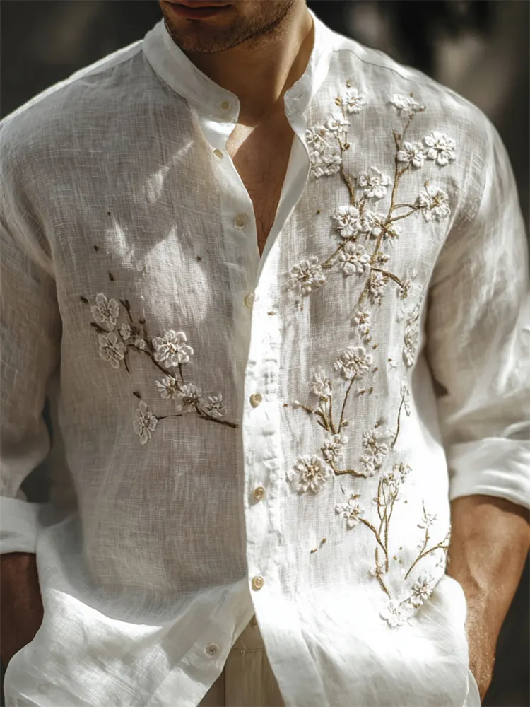 Men's Classy White Almond Blossom Embroidered Linen Shirt - White