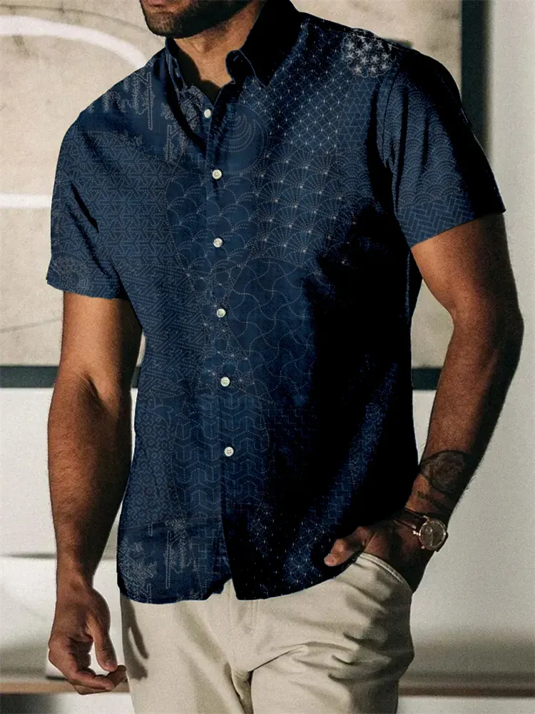 Men's Japanese Traditional Sashiko Art Linen Blend Shirt - Black