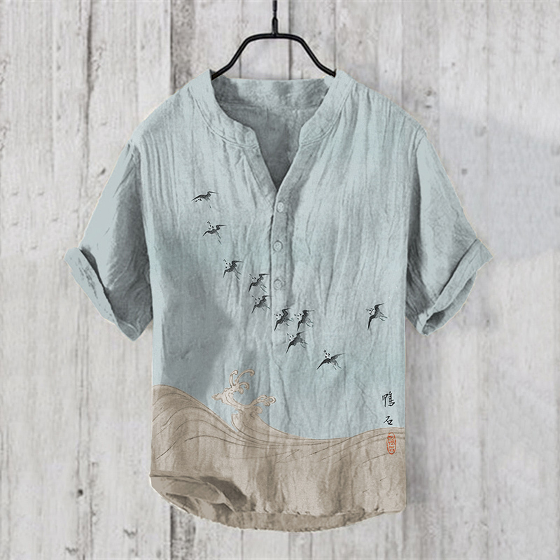 Men'sVintage Japanese Birds Waves Art Prints Linen Blend Shirt - Beige