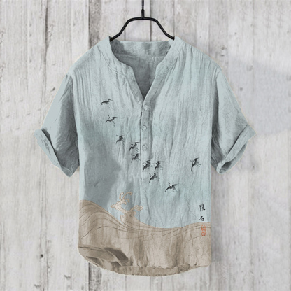 Men'sVintage Japanese Birds Waves Art Prints Linen Blend Shirt - Beige