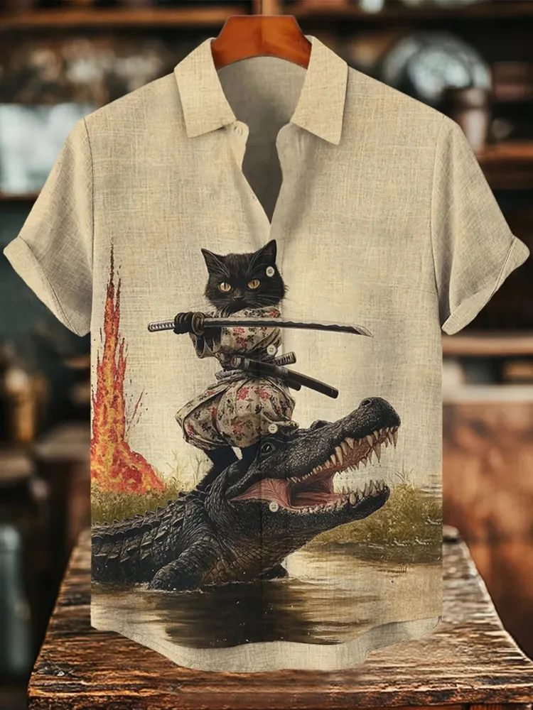 Men's Crocodile And Cat Samurai Print Short Sleeve Shirt - Beige